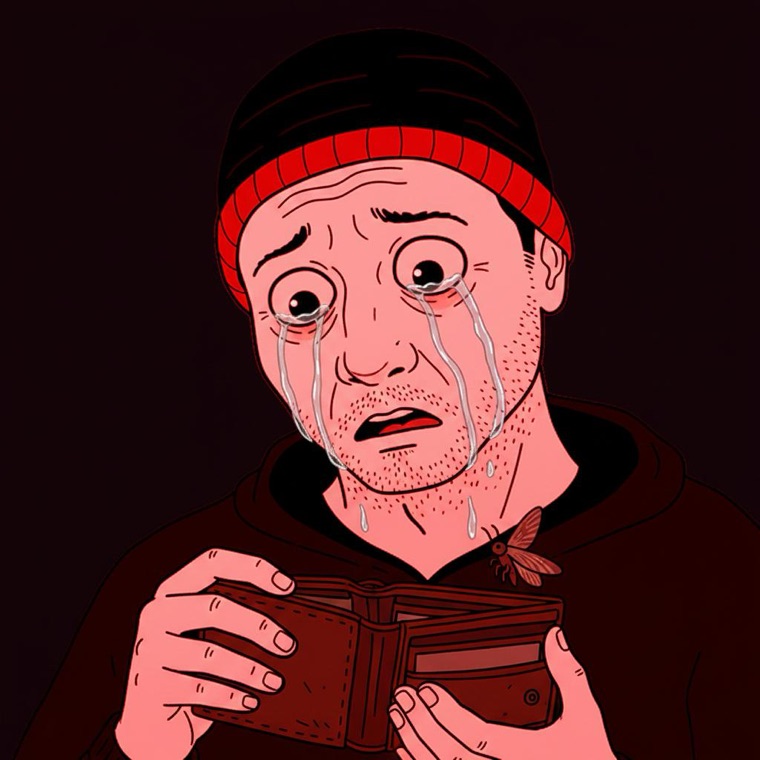 The man weeping over an open, empty wallet as a moth flies out