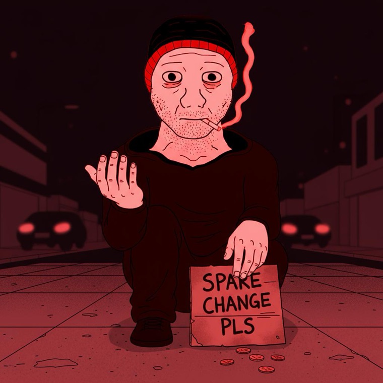The man kneeling on a night street with a cardboard SPARE CHANGE PLS sign