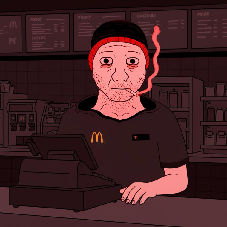 The man working behind a fast-food register, smoking