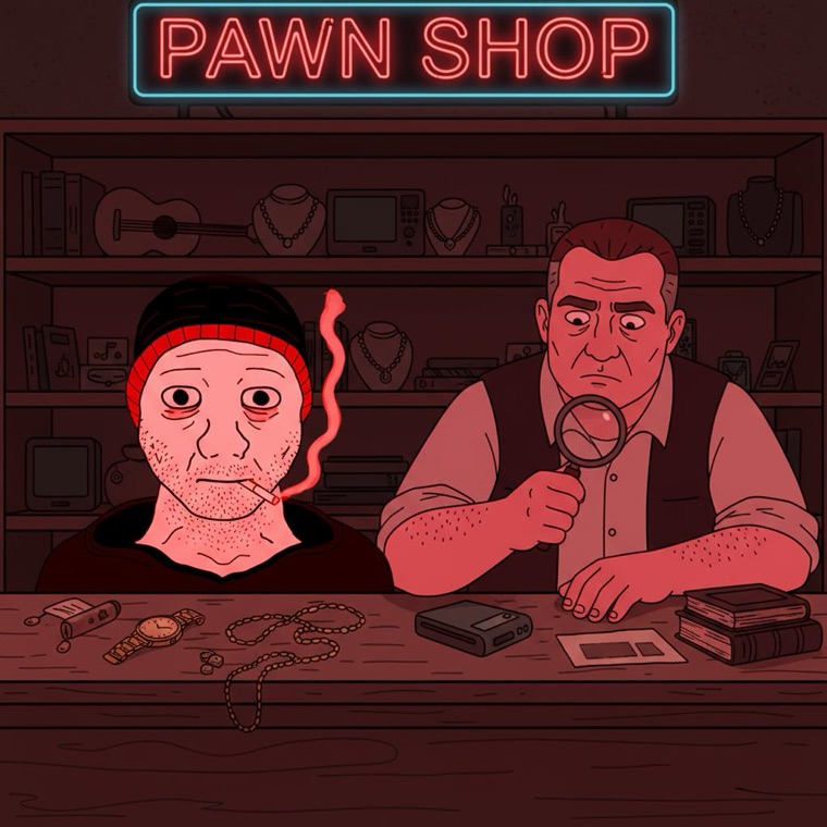 The man at a pawn shop counter as a broker inspects his belongings