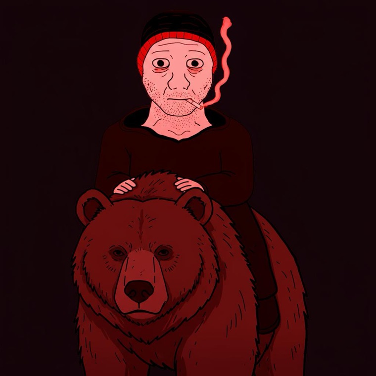 The man rides a giant bear into the dark